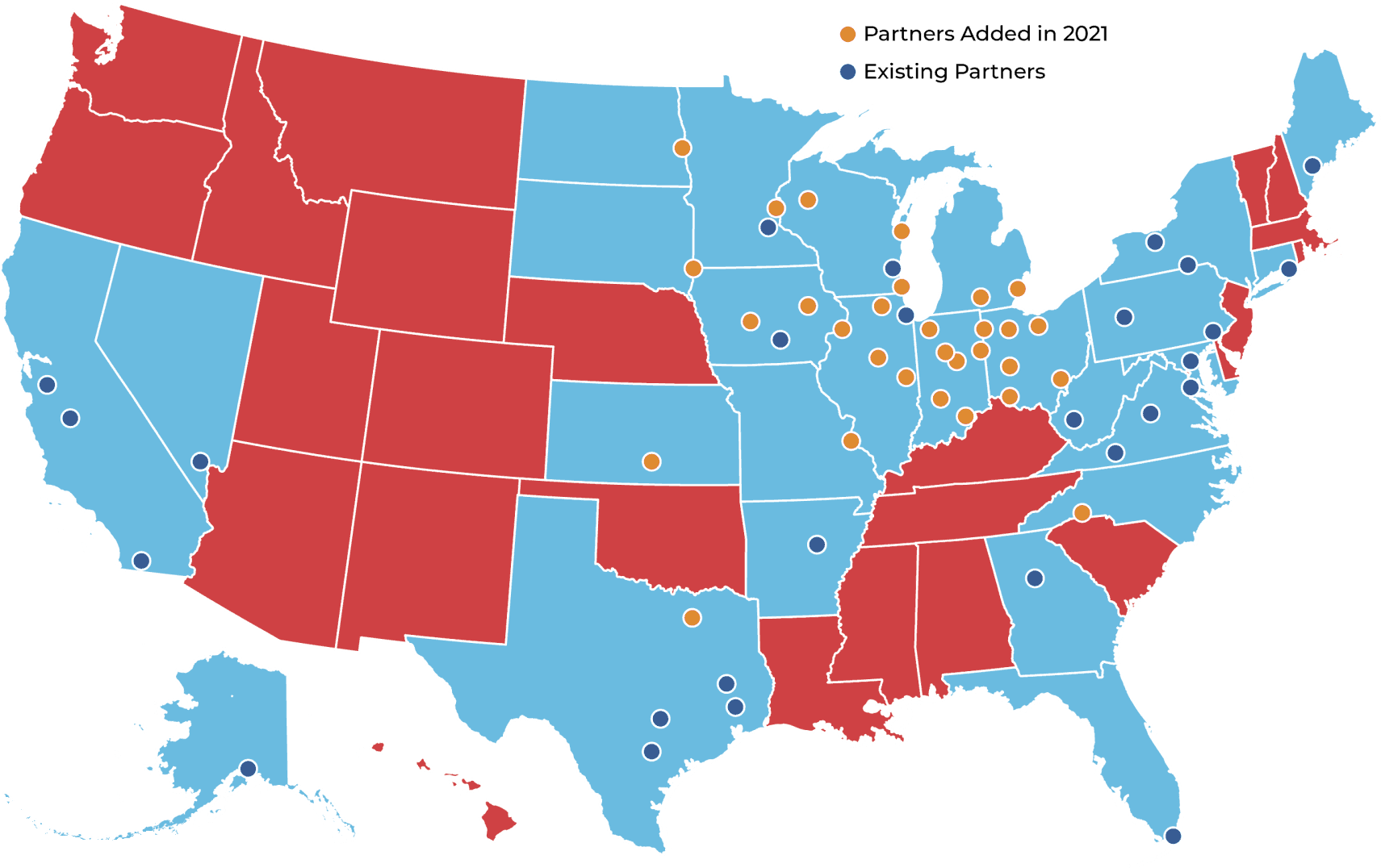 Map of U.S. showing 57 partner locations across 27 states